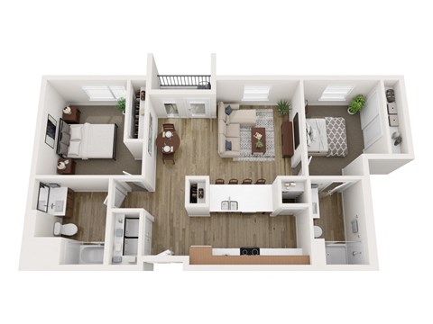 Floor plan for 2 beds, 2 baths, 1001 sqft